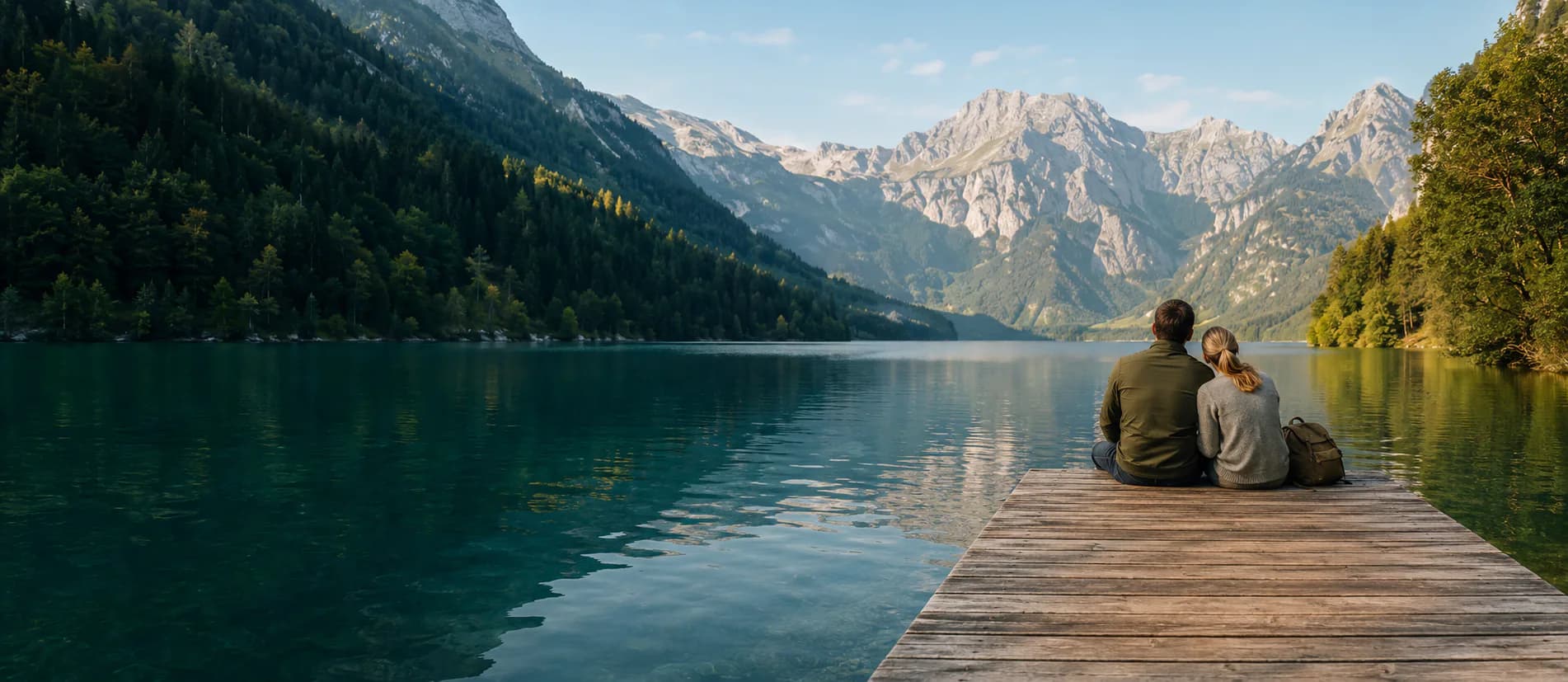 Pareja contemplando un lago entre montañas